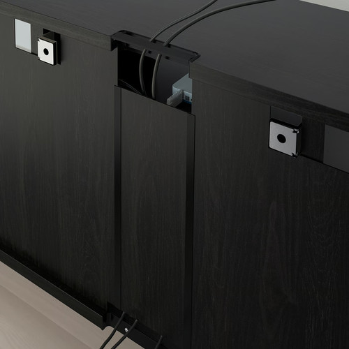 BESTÅ TV storage combination/glass doors, black-brown/Selsviken high-gloss/beige clear glass, 180x42x192 cm