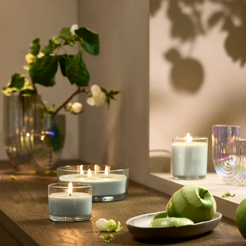 LOTSFÅGEL Scented candle in glass, 3 wicks, Apple light green, 25 hr