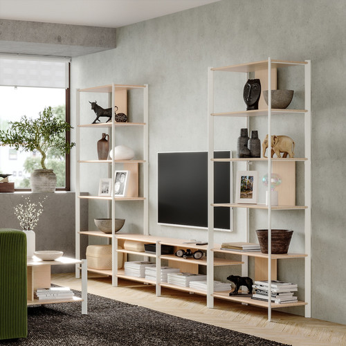 JÄTTESTA TV storage combination, white/light bamboo, 320x40x194 cm