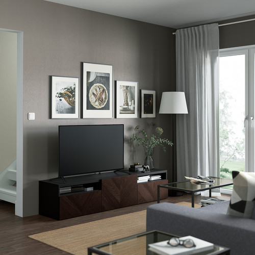 BESTÅ TV bench with drawers and door, black-brown Hedeviken/dark brown stained oak veneer, 180x42x39 cm