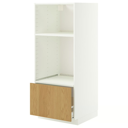 METOD / MAXIMERA High cab for oven/micro w drawer, white/Sinarp oak veneer, 60x60x140 cm