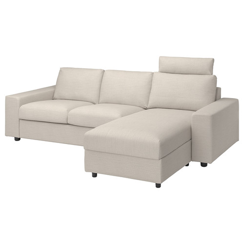 VIMLE Cover 3-seat sofa w chaise longue, with headrest with wide armrests/Gunnared beige