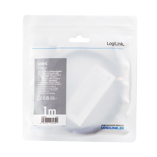 LogiLink USB Cable 3.2 Gen2 Type-C to USB-C/F, PD, 1m