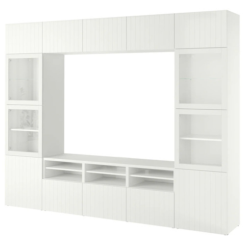 BESTÅ TV storage combination/glass doors, white Sutterviken/Sindvik white clear glass, 300x42x231 cm