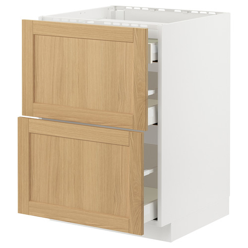 METOD / MAXIMERA Base cab f hob/2 fronts/3 drawers, white/Forsbacka oak, 60x60 cm