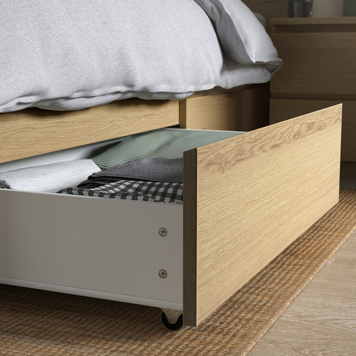 MALM Bed frame, high, w 2 storage boxes, white stained oak veneer/Lindbåden, 180x200 cm