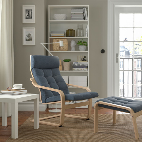 POÄNG Armchair and footstool, white stained oak veneer/Gunnared blue