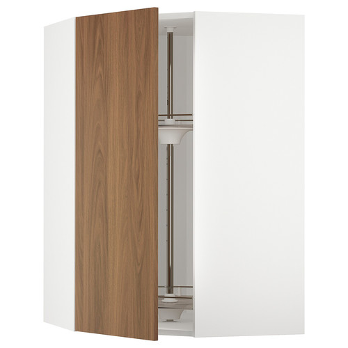 METOD Corner wall cabinet with carousel, white/Tistorp brown walnut effect, 68x100 cm