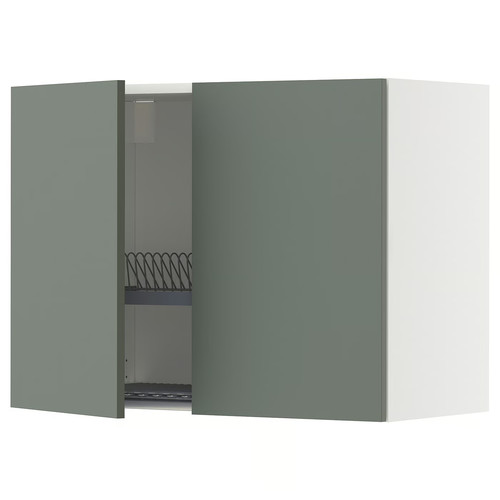 METOD Wall cabinet w dish drainer/2 doors, white/Nickebo matt grey-green, 80x60 cm