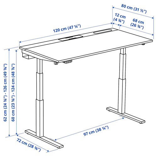 MITTZON Desk sit/stand, electric walnut veneer/white, 120x80 cm