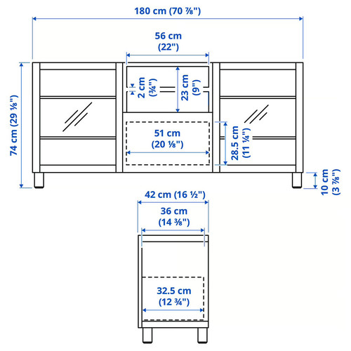 BESTÅ TV bench with drawers, white, Sutterviken/Kabbarp white clear glass, 180x42x74 cm