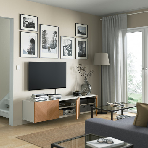 BESTÅ TV bench with doors, white, Hedeviken oak veneer, 180x42x38 cm
