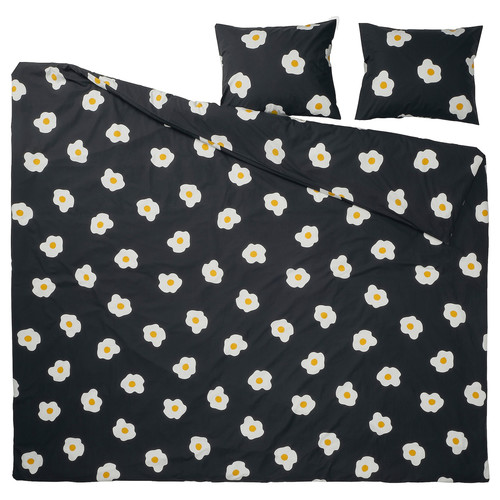 ÖGONLOCKSMAL Duvet cover and 2 pillowcases, black/white/yellow, 200x200/50x60 cm