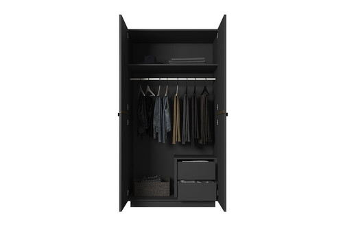 Wardrobe Nicole with Drawer Unit 100 cm, matt black, gold handles