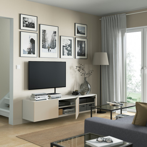 BESTÅ TV bench with doors, white/Lappviken light grey/beige, 180x42x38 cm