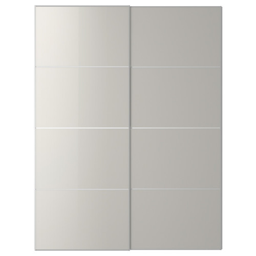 HOKKSUND Pair of sliding doors, high-gloss light grey, 150x201 cm