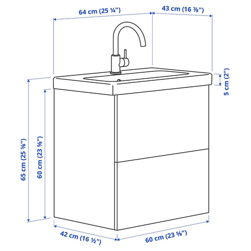 ENHET / TVÄLLEN Wash-stnd w drawers/wash-basin/tap, grey frame/grey, 64x43x65 cm