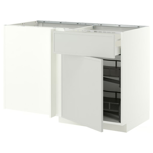 METOD/MAXIMERA Corner base cab w drawer and p-out, white/Aspudden light grey, 128x68 cm