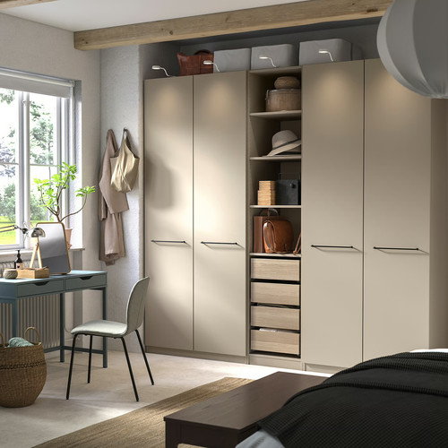 PAX / FORSAND Wardrobe combination, grey-beige/white stained oak effect grey-beige, 250x60x236 cm