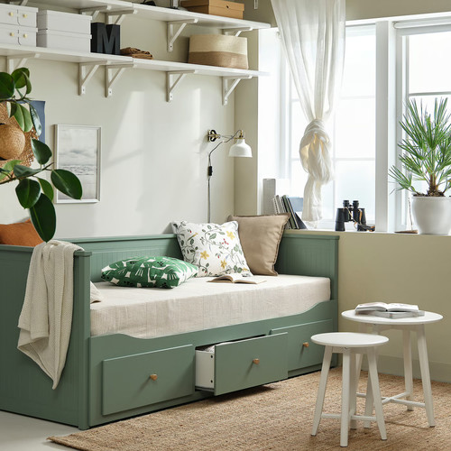 HEMNES Day-bed frame with 3 drawers, grey-green, 80x200 cm