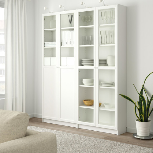 BILLY / OXBERG Bookcase with panel/glass doors, white, glass, 160x30x202 cm
