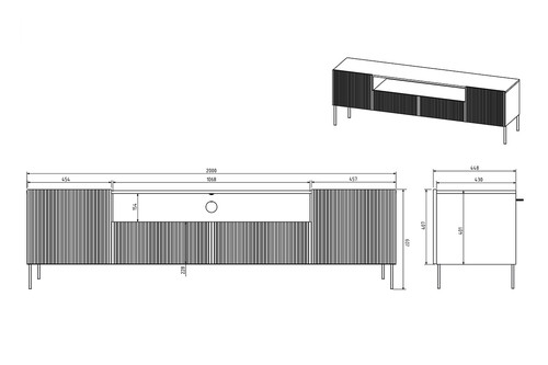 TV Cabinet Nicole 200cm, matt black, gold legs