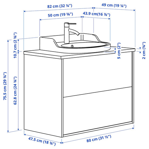 TÄNNFORSEN / RUTSJÖN Wash-stnd w drawers/wash-basin/tap, light grey/black marble effect, 82x49x76 cm
