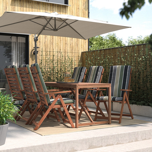 NÄMMARÖ Table+6 reclining chairs, outdoor, light brown stained/Frösön/Duvholmen stripe pattern, 200 cm