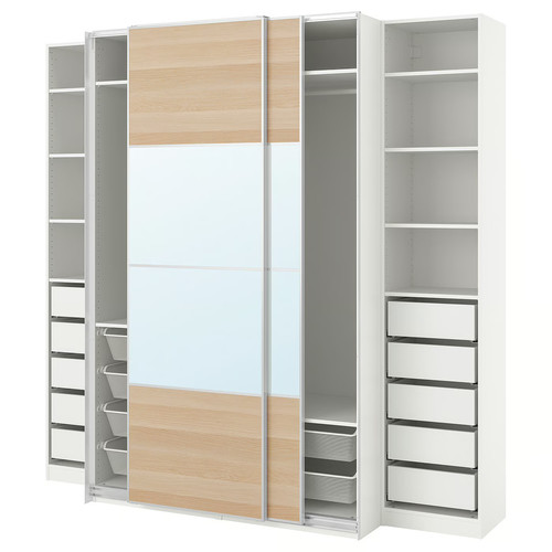 PAX / MEHAMN/AULI Wardrobe with sliding doors, white double sided/white stained oak effect mirror glass, 250x66x236 cm