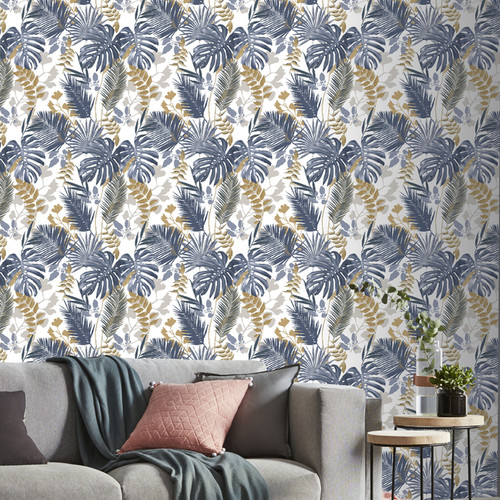 GoodHome Vinyl Wallpaper on Fleece Ferula, blue