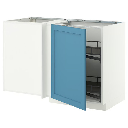METOD Corner base cab w pull-out fitting, white/Lerhyttan blue, 128x68 cm