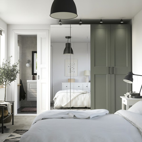 PAX/KAMMARTORP/GRIMO Wardrobe combination, white mirror glass/grey grey-green, 200x60x236 cm