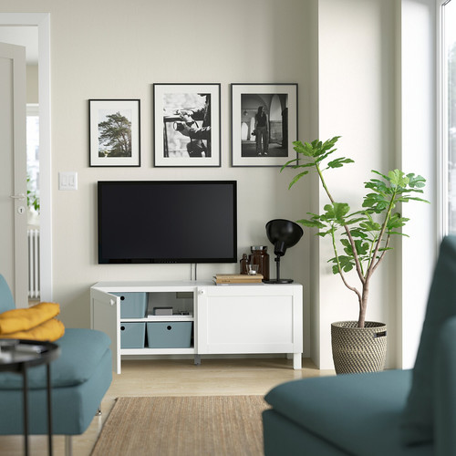 BESTÅ TV bench with doors, white Hanviken/Stubbarp/white, 120x42x48 cm
