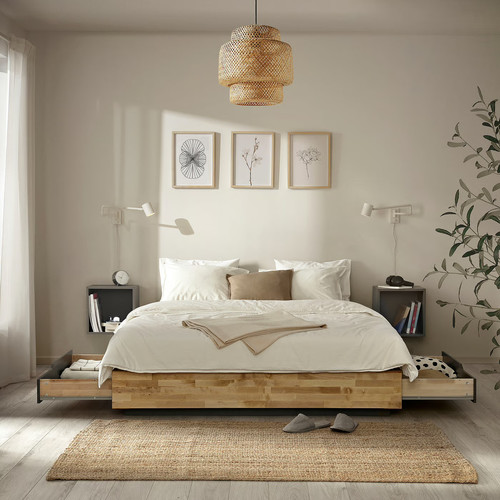MANDAL Bed frame with storage, birch/grey, 160x200 cm