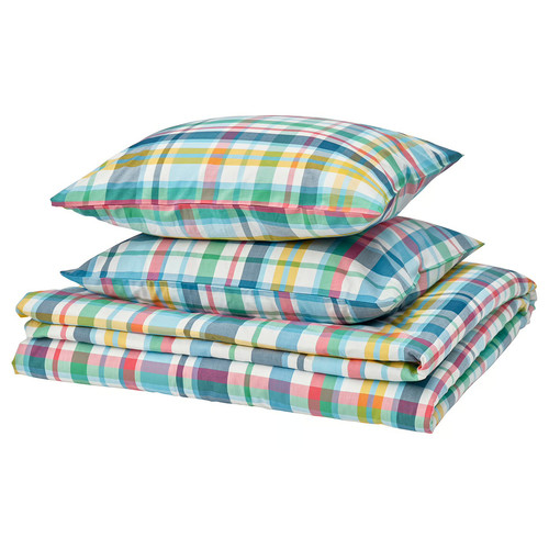 HÖSTGENTIANA Duvet cover and 2 pillowcases, multicolour/check, 200x200/50x60 cm