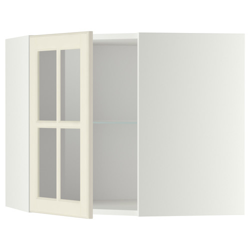 METOD Corner wall cab w shelves/glass dr, white/Bodbyn off-white, 68x60 cm