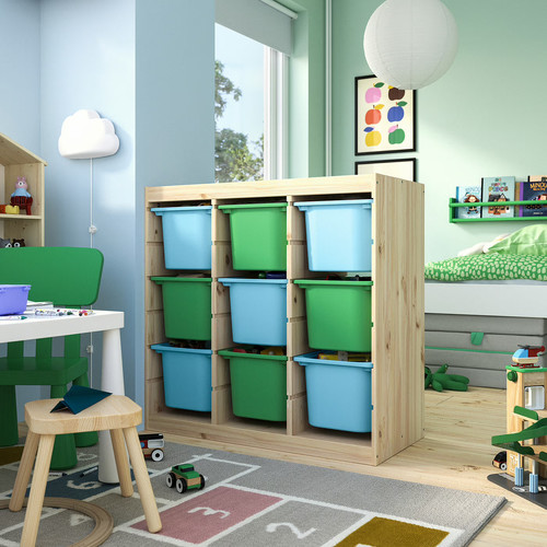 TROFAST Storage combination with boxes, room divider light white stained pine/light blue bright green, 93x44x91 cm