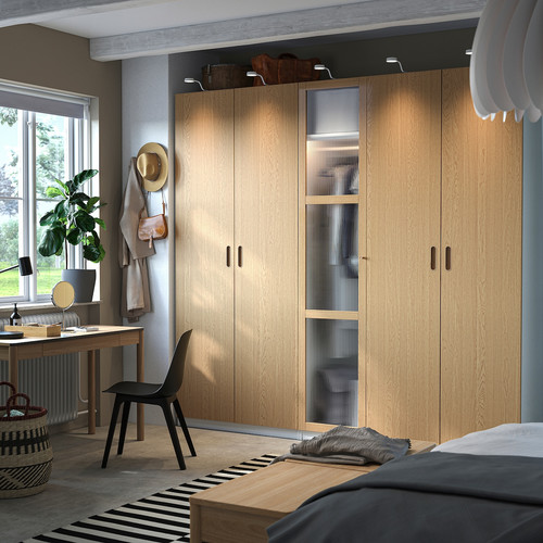 PAX / TONSTAD Wardrobe combination, white/oak veneer glass, 250x60x236 cm