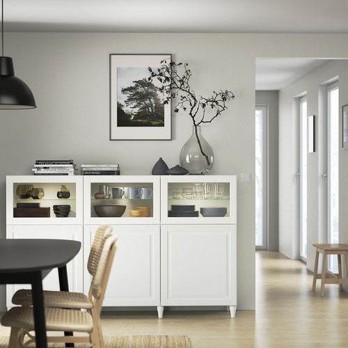 BESTÅ Storage combination with doors, white/Smeviken/Kabbarp white clear glass, 180x42x112 cm