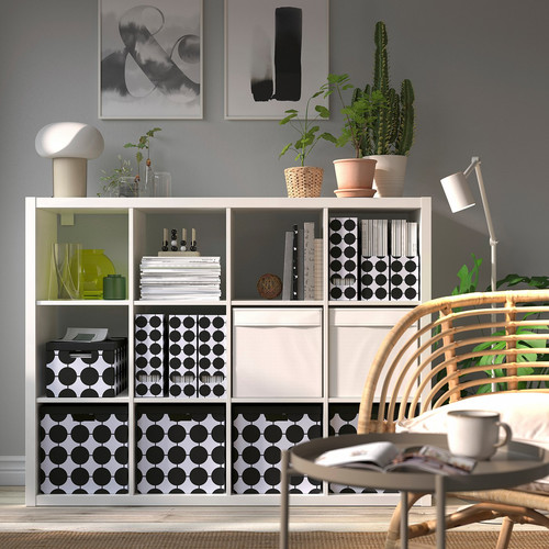 TJENA Storage box with lid, white black/dotted, 32x35x32 cm
