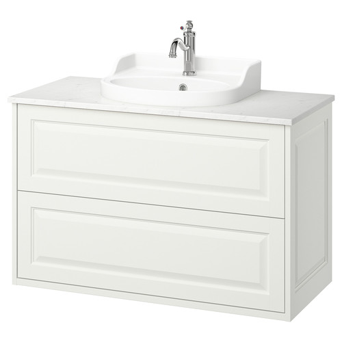 TÄNNFORSEN / RUTSJÖN Wash-stnd w drawers/wash-basin/tap, white/white marble effect, 102x49x76 cm