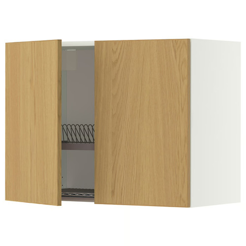 METOD Wall cabinet w dish drainer/2 doors, white/Sinarp oak veneer, 80x60 cm