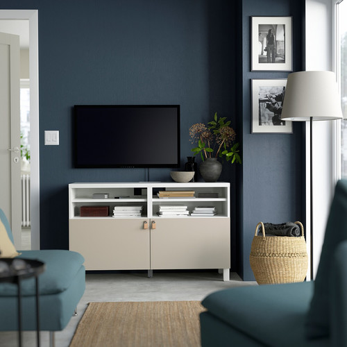 BESTÅ TV bench with doors, white/Lappviken/Stubbarp light grey/beige, 120x42x74 cm