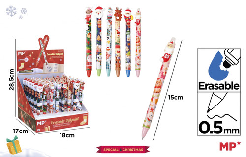 Christmas Themed Erasable Pens, Blue Ink, 0.5 mm Tip - Display Set of 48pcs