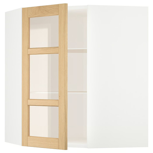 METOD Corner wall cab w shelves/glass dr, white/Forsbacka oak, 68x80 cm