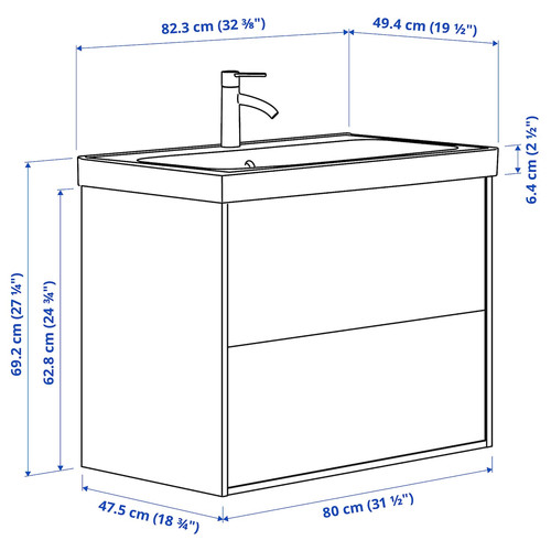 TÄNNFORSEN / ORRSJÖN Wash-stnd w drawers/wash-basin/tap, light grey, 82x49x69 cm