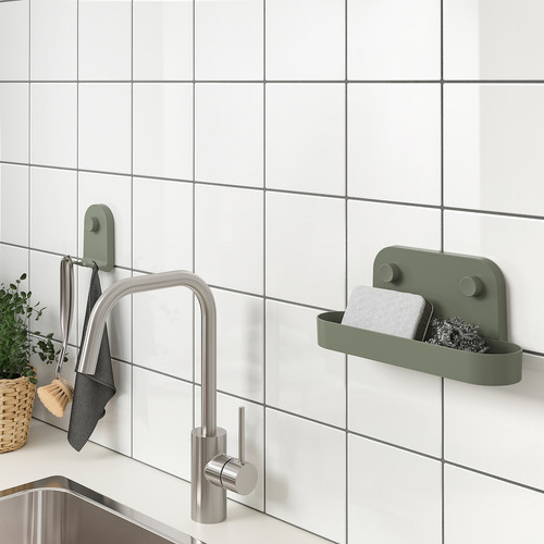 ÖBONÄS Wall shelf with suction cup, grey-green, 28 cm