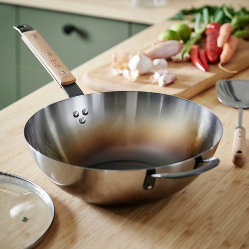 VARDAGEN Wok with lid, glass/carbon steel beech, 32 cm