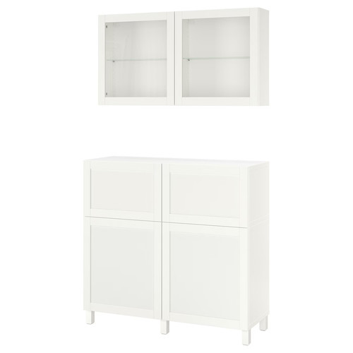 BESTÅ Storage combination w doors/drawers, white/Hanviken/Stubbarp white clear glass, 120x42x213 cm