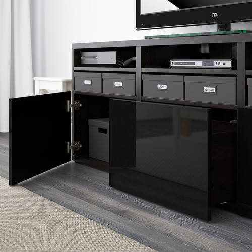 BESTÅ TV storage combination/glass doors, black-brown/Selsviken high-gloss/black smoked glass, 180x42x192 cm